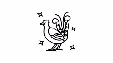 Lyrebird çizgisi sanat animasyonu, gösterisinde yıldızlarla çevrili ibikli bir ateş kuşunu gösteriyor..