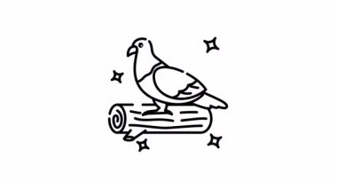 Güvercin çizgi film güvercini, ışıldayan yıldızların arasındaki kütüğün üzerinde huzur içinde oturur..