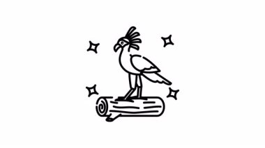 Sekreter kuş animasyonu, görkemli bir şekilde bir kütüğün üzerine tünemiş ışıltılı bir sekreter kuşu tasvir ediyor..