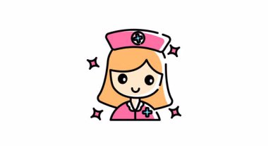 Kadın hemşire ikonu animasyonu, tıbbi grafikler, sağlık siteleri ve vektör formatında hemşire tasarımları için uygun pembe üniformalı şirin bir çizgi filmdir..