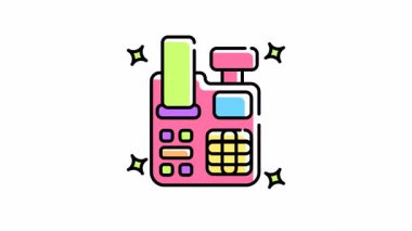 Cash 'in animasyonu etrafında garip yıldızlar parlayan neşeli pembe ve yeşil bir yazar kasa.