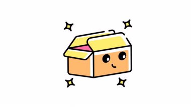 Sevkiyat ve teslimat konseptleri, ambalaj tasarımı, çevrimiçi mağazalar ve lojistik için uygun gülen yüzlü ve ışıltılı teslimat kutusunun simge animasyonu.