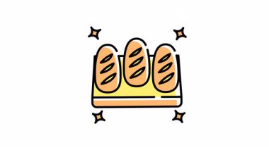 Market ekmeğinin animasyonu üç somun köpüklü market ekmeği baştan çıkarıcı bir şekilde sarı tepside oturur..