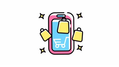 Alışveriş uygulamasının animasyonu telefon ekranında çantalar ve el arabasıyla bakkaliyeleri gösteriyor..