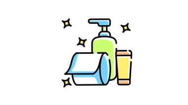 Temizlik malzemelerinin animasyonu sabun losyonu kağıt havlu el dezenfektanı gibi temel ihtiyaçlar birlikte ışıldıyor..