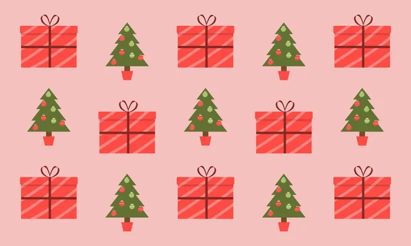 クリスマスツリーとギフトと新しいギフト包装紙 — ストックベクタ