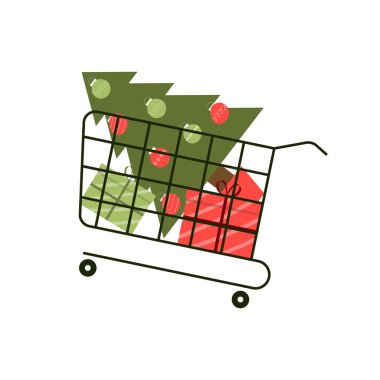 Bayramın şerefine indirim. Hediyelerle dolu bir alışveriş arabası.