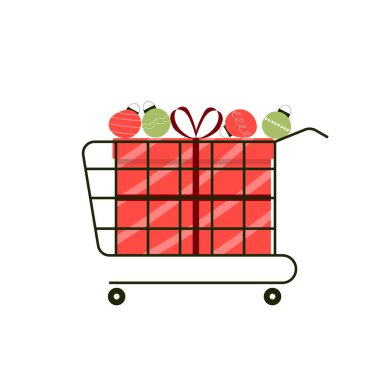 Bayramın şerefine indirim. Hediyelerle dolu bir alışveriş arabası.