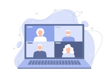 İnternetten konuşan, internetten sohbet eden bir grup yaşlı insan. Video konferansı aracılığıyla çevrimiçi toplantı.