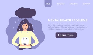 Yağmurda kafasını tutan depresif bir kadın. Zihinsel bozukluk, üzüntü ve depresyon konsepti. Kadınlara karşı fiziksel ve duygusal şiddet.