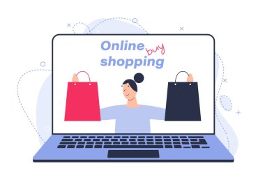 Çevrimiçi alışveriş kavramı. Kız internet üzerinden satın alımlar yapıyor. Kızın elinde iki emir var..