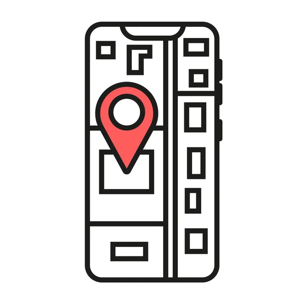 電話画面上の都市マップのトップビュー 画面上の目的地の画像を持つ単純な線形アイコン — ストックベクタ
