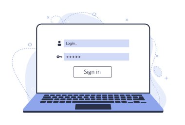 Bilgisayarda giriş ve şifre. Dizüstü bilgisayardan web sayfası şablonunu başlat. Modern dizüstü bilgisayarla yeni illüstrasyon.