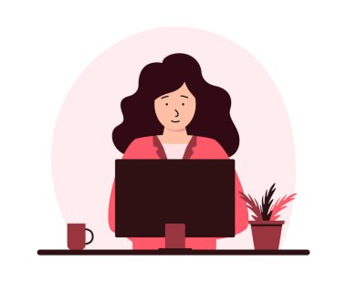 bir genç iş kadını bir dizüstü bilgisayarda çalışıyor.