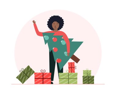 Noel ağacı tutan mutlu bir kızla Noel çizimi