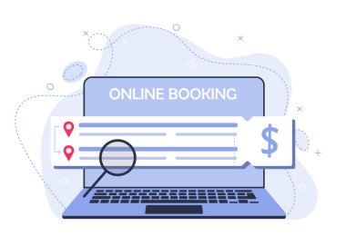 Online rezervasyon, tren ya da otobüs biletleri. İnternet sitesinde bilet arama illüstrasyonu.