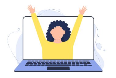 İnternetten arama kavramı. Kız bilgisayarı kullanarak konuşuyordu..