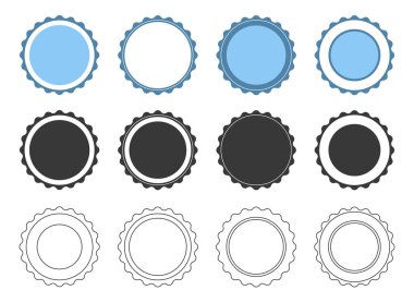 Yuvarlak pul işaretleri yerleştirildi. Şekil, rozet yıldızı. Çember işaretleri koleksiyonu. Basit illüstrasyon