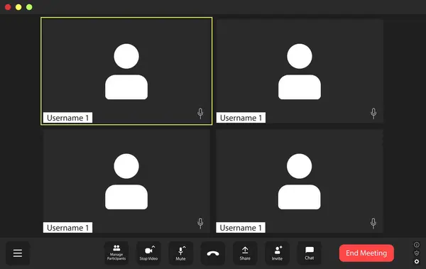 Dört katılımcıyla bir video konferans arayüzü görüntüsü. Her katılımcının video beslemesi ayrı bir fayansta gösterilir ve isimleri her fayansın altında gösterilir. Arayüz toplantıyı yönetmek için kontrolleri içeriyor, mut gibi