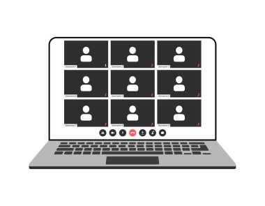 Video çağrısı arayüzü, ekran simgeleri ve dizüstü bilgisayar için UI şablonu, vektör örtüsü. Çağrı düğmeleri olan laptop uygulaması için çevrimiçi görüntülü konferans veya görüntülü sohbet yapılandırması