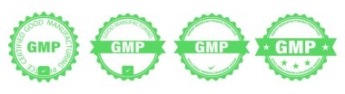 GMP yuvarlak rozetler. İyi İmalat Uygulaması etiketli ürünler için sertifikalı endüstriyel çıkartmalar.