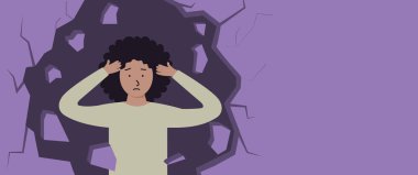 Kafasını tutan depresif bir kadın. Zihinsel bozukluk, üzüntü ve depresyon konsepti. Kadınlara karşı fiziksel ve duygusal şiddet