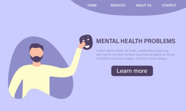 Maskeli depresif adam. Zihinsel bozukluk, üzüntü ve depresyon konsepti. Erkeklere karşı fiziksel ve duygusal şiddet