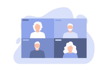 İnternetten konuşan, internetten sohbet eden bir grup yaşlı insan. Video konferansı aracılığıyla çevrimiçi toplantı