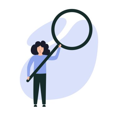 Bir kadın büyüteçle gözlem yapıyor.