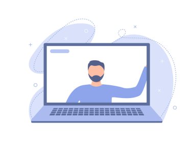 Genç bir erkek öğrenci dizüstü bilgisayar kullanıyor. Evden online öğrenme kavramı