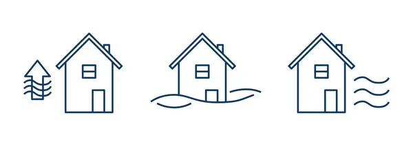 stock image Flooding of houses due to rising sea levels. Flood icons set.