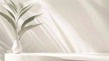 Tek bir yeşil yaprak dalına sahip beyaz bir vazo beyaz bir yüzey üzerinde duruyor. Güneş ışığı pencereden akar, vazonun arkasındaki duvara yumuşak, narin gölgeler bırakır. Resim fotokopi alanı ile minimalist bir estetik sunuyor.