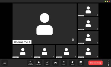 Dijital bir toplantı arayüzü, kullanıcı avatarlarını ve kullanıcı adlarını vurgulayan çoklu katılımcı panelleri bir ızgara düzeninde gösterir. Bu ayar, sessiz, sohbet ve en alttaki toplantı gibi seçenekleri içeren organize bir çevrimiçi tartışmaya olanak tanır.