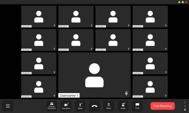 Birçok katılımcı, her biri bir ızgara düzeninde boş bir profil simgesi tarafından temsil edilen sanal bir toplantıya katılıyor. Merkez kullanıcıya odaklanarak, ekranın altında etkileşim araçları sağlanarak, devam etmekte olan bir tartışmayı gösterir.