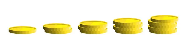 stock image A series of yellow coins are arranged in a line, showing increasing stacks from a single coin to multiple layered coins. The stacks highlight variations in height and size, set against a plain white background for clear visibility.