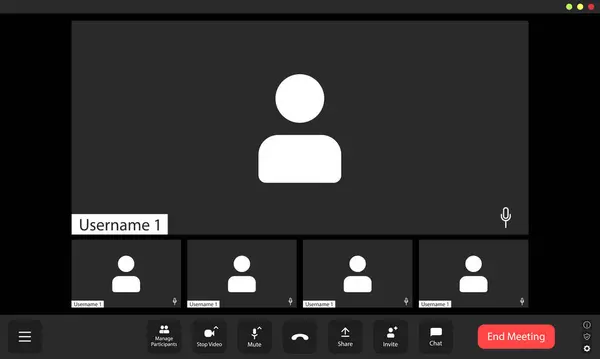 stock image A digital interface shows a virtual meeting with multiple participants. The main user is represented by a blank profile icon, while other slots display additional blank icons. Controls for muting, sharing, inviting, and chatting are available at the 