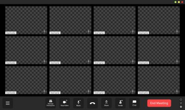 Dijital bir platformda düzenlenen çevrimiçi konferans sırasında boş katılımcı panellerle dolu yaratıcı sanal toplantı alanı