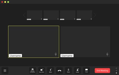 Sanal bir toplantı ortamında, kullanıcı adları çevrimiçi işbirliği sırasında boş video beslemelerinde, katılımcıların altını çizmede ve etkileşimli özelliklerde belirgin bir şekilde gösterilir.