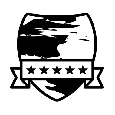 Bu sanatsal amblemde kıyı manzarası silueti ile süslenmiş bir kalkan, kalın çizgiler ve basitlikle güç ve denizcilik bağlantılarını temsil ediyor..