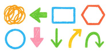 Beyaz arkaplanda renkli el yazması şekiller ve oklar