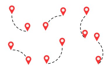 Haritadaki kesik çizgilerle bağlanmış kırmızı konum işaretleri