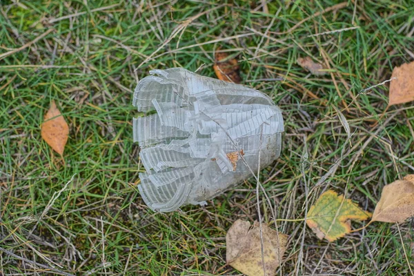 Śmieci Jednego Pustego Białego Szkła Leżą Zielonej Trawie Ziemi Ulicy — Zdjęcie stockowe