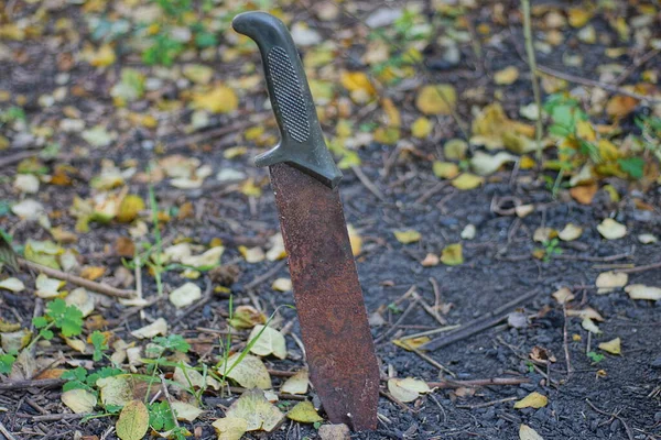 One Brown Rusty Big Old Machete Knife Gray Ground Dry — Stock Photo, Image
