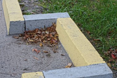Caddedeki yeşil çimlerin yanında asfaltta gri, sarı beton kaldırım taşı var.