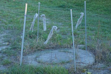 Gri beton üzerinde demir kanalizasyon kanalizasyonu yeşil çimlerde çitlerle çevrili ve sokakta metal parmaklıklar var.