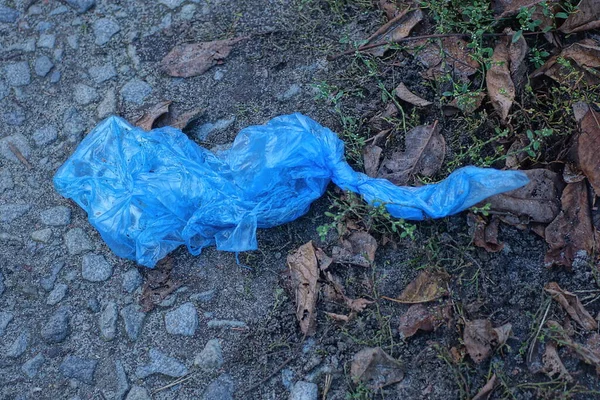 garbage from a piece of blue plastic of an old plastic bag lies on gray ground and green grass in nature