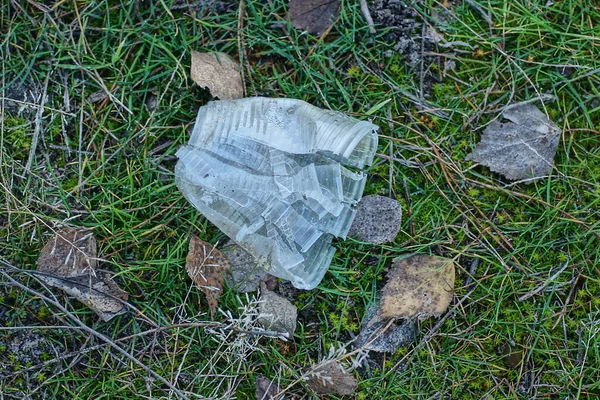 一只空的白玻璃杯里的垃圾落在绿草上 青苔落在街上 — 图库照片