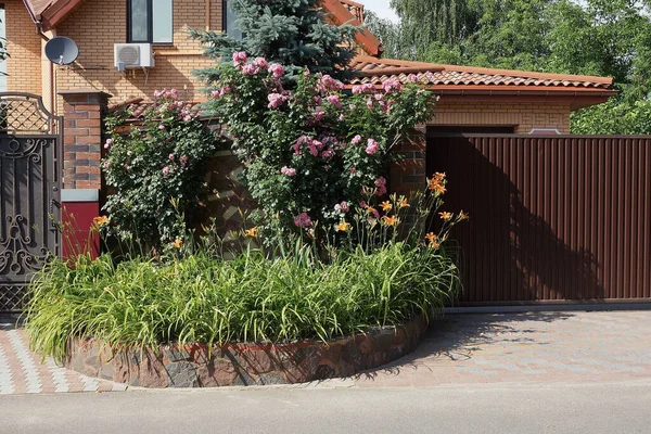 asfalt yol boyunca yeşil bitki örtüsü ve çiçek yatağı ile sokakta kahverengi çit ve kapı