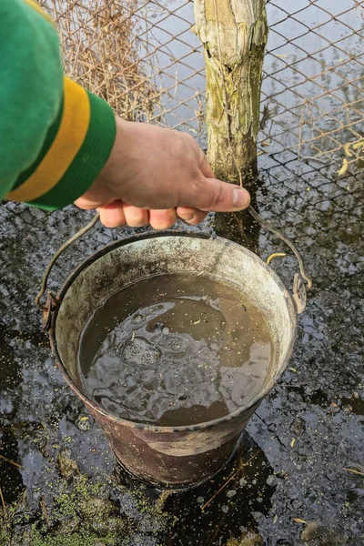 hand holds one bucket full of dirty water on the shore of the lake in nature