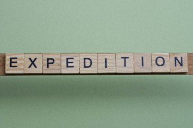 word expedition made of small gray wooden letters on a green paper background
